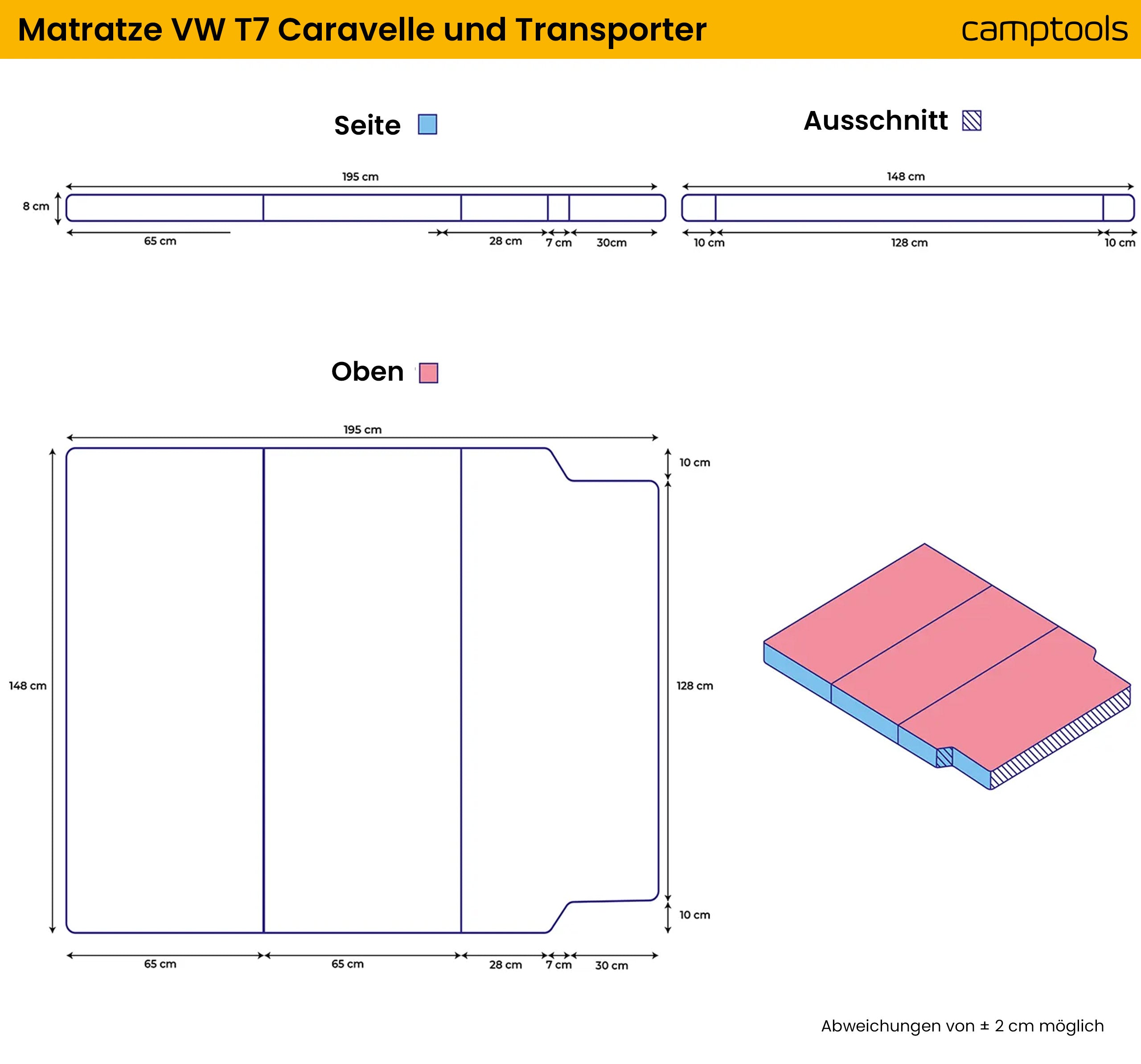 Faltbare Premium-Matratze für VW T7 Caravelle und Transporter mit Viscoschaum