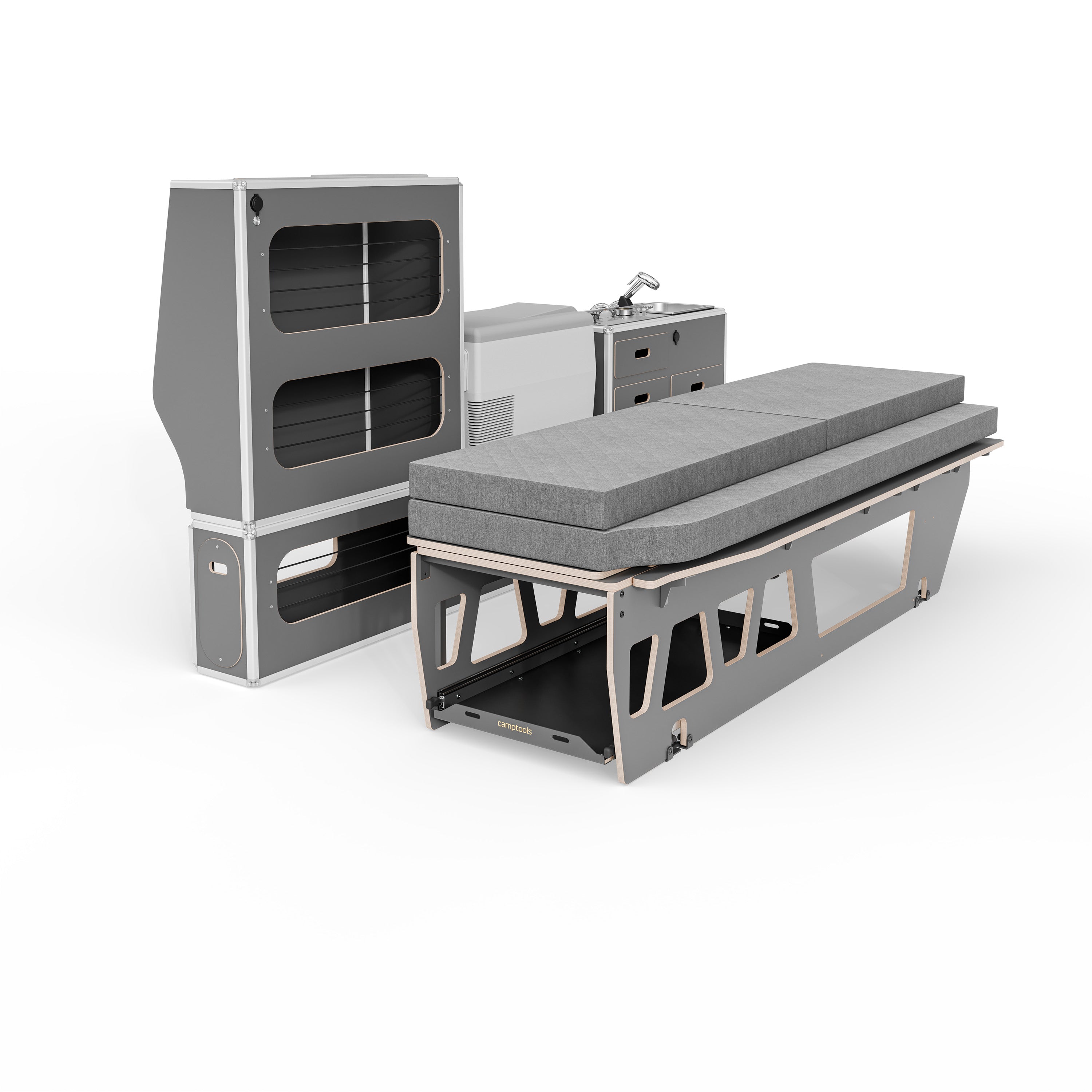 CENTERLINE Komplettset inkl. Küche, Bett mit Heckauszug, Schränken und Kühlbox