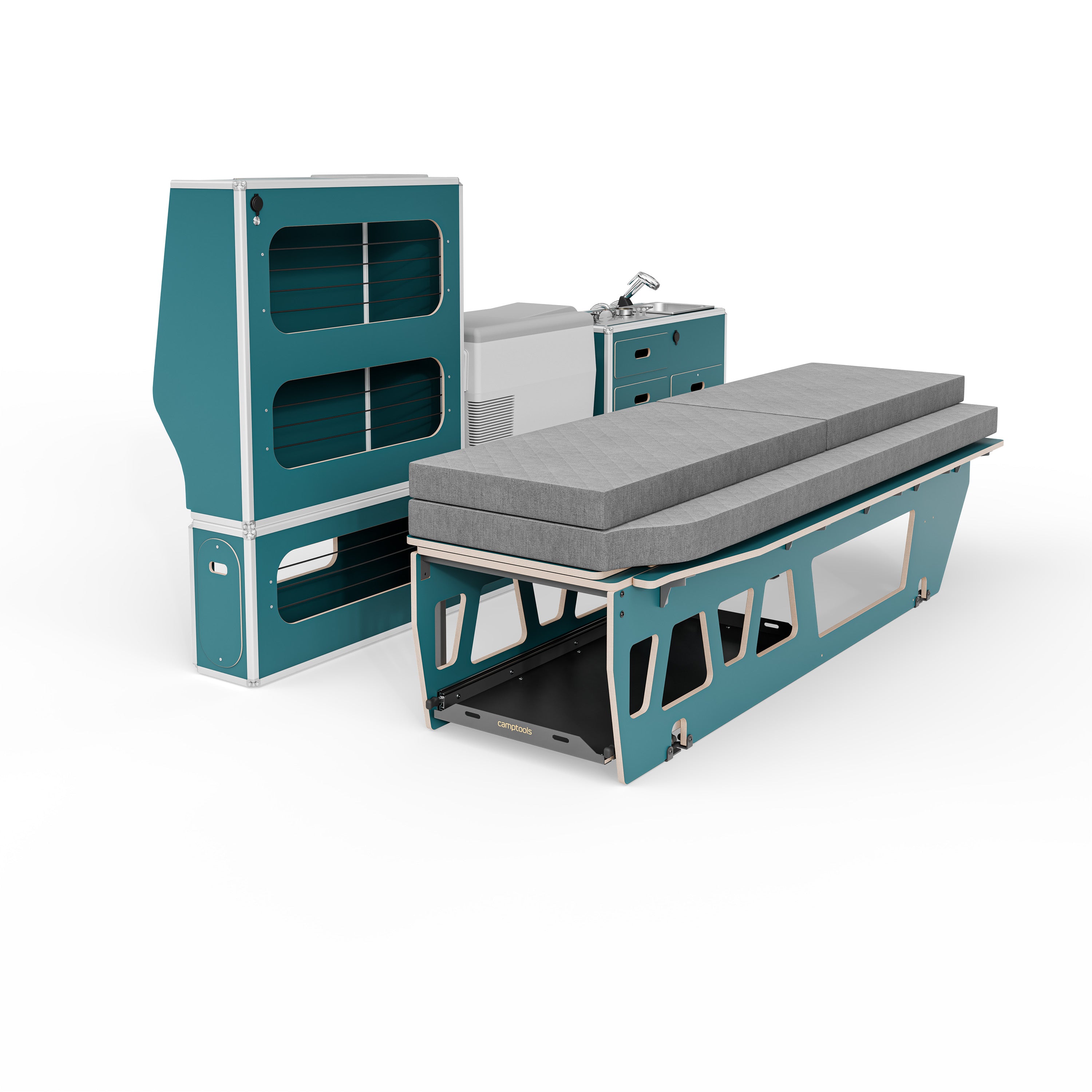 CENTERLINE Komplettset inkl. Küche, Bett mit Heckauszug, Schränken und Kühlbox