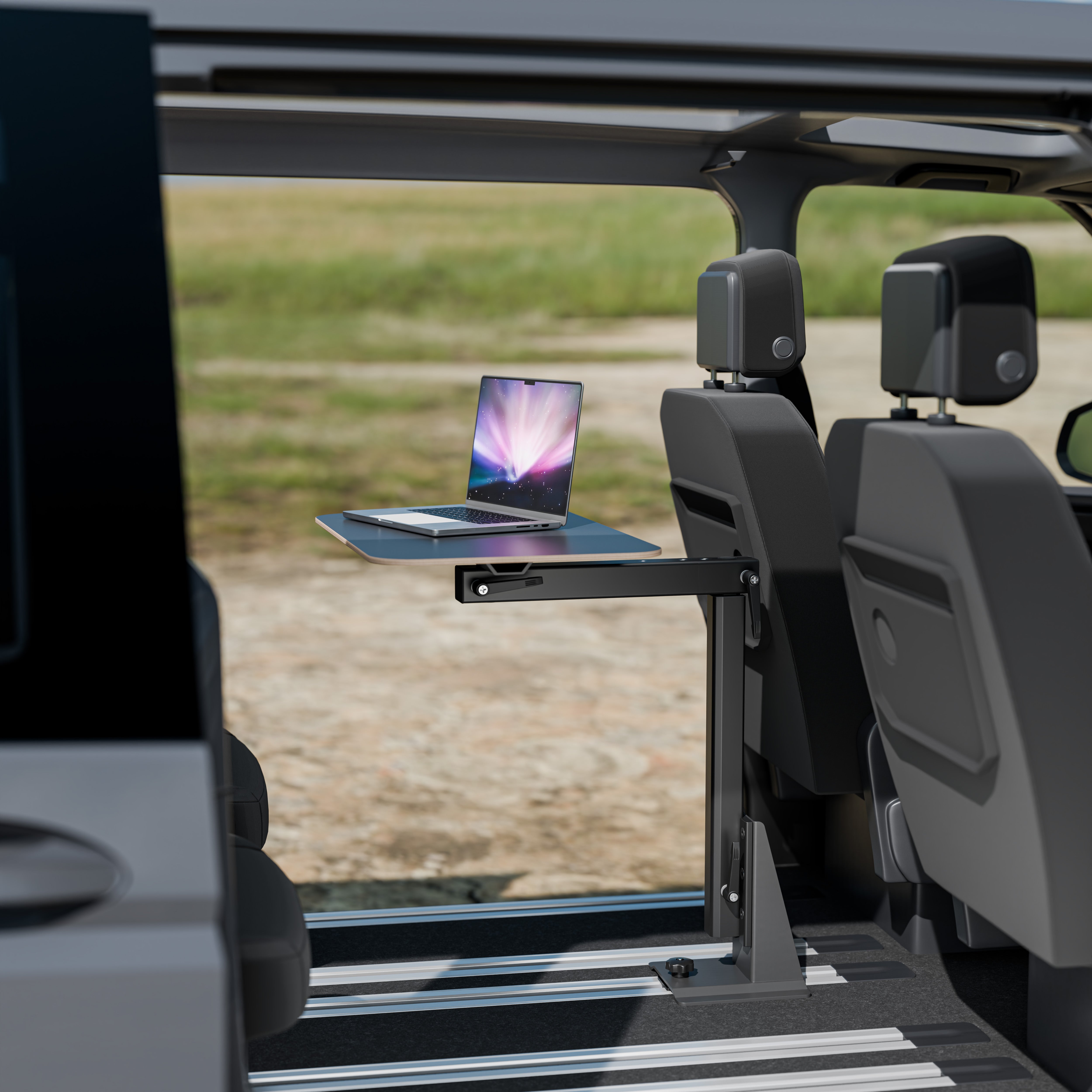 Tisch passend für alle Bodenschienen und Bodenplatte - klappbar, faltbar und schwenkbar - Büro und Camping im Van