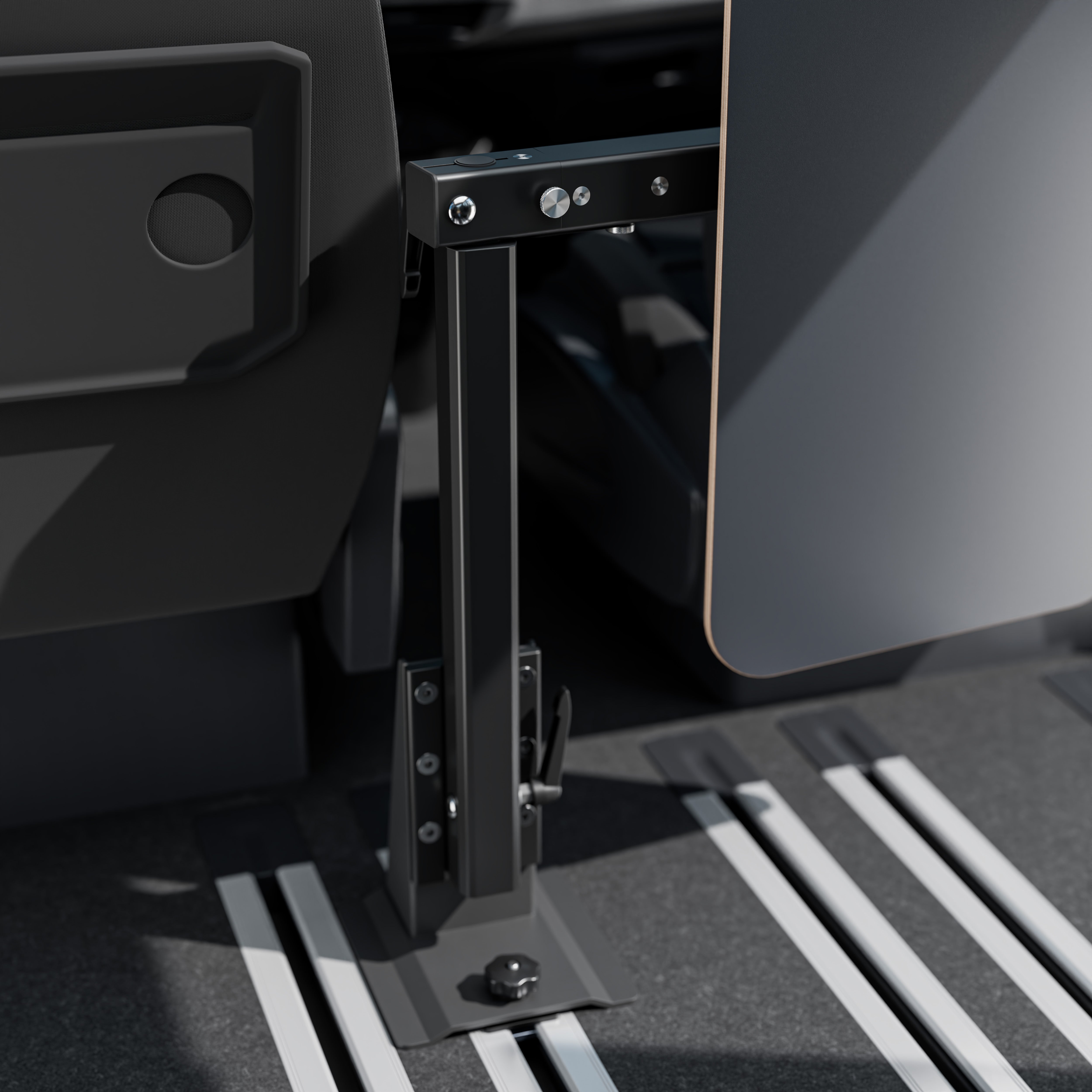 Tisch passend für alle Bodenschienen und Bodenplatte - klappbar, faltbar und schwenkbar - Büro und Camping im Van