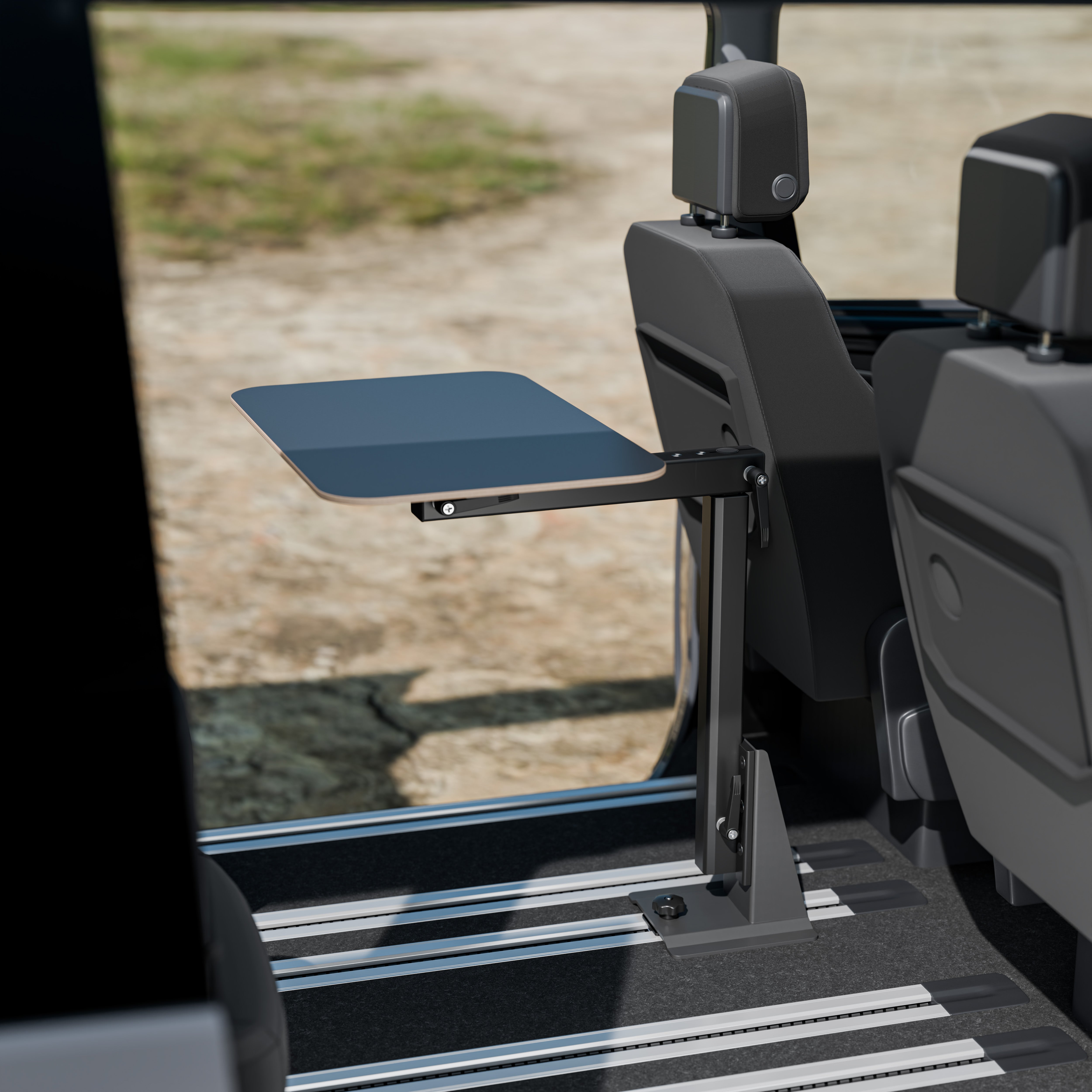 Tisch passend für alle Bodenschienen und Bodenplatte - klappbar, faltbar und schwenkbar - Büro und Camping im Van